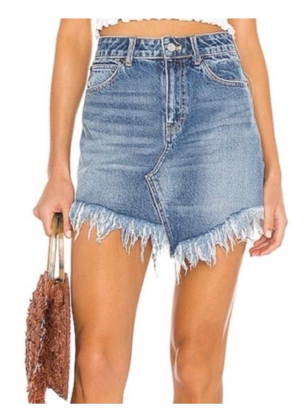 We the Free Bailey Asymmetrical Jean fringed skirt with Signature Waistband